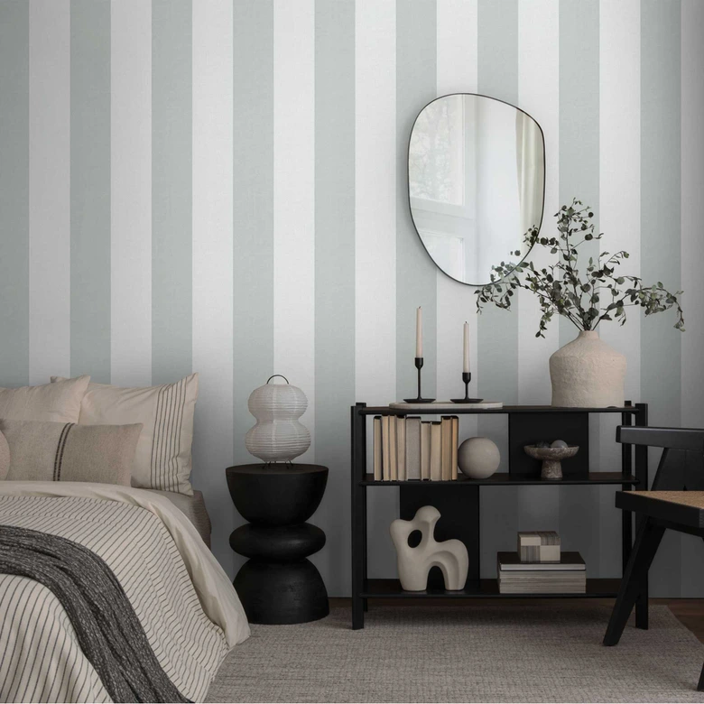 Papel pintado a rayas verde salvia blanco gris - Papel pintado no tejido de textura fina moderno 