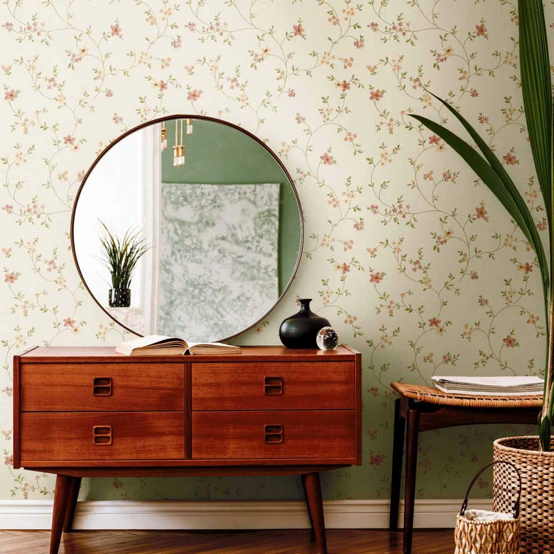 papier peint à fleurs crème vert - papier peint intissé maison de campagne A.S. Création - mat légèrement structuré 