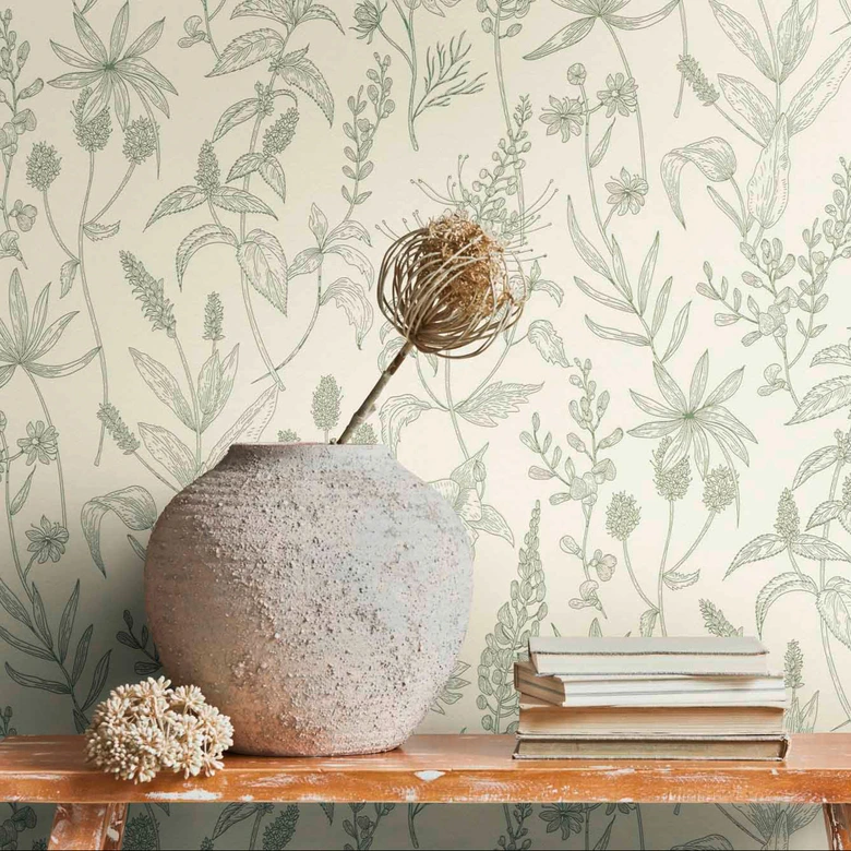 papier peint design Jette papier peint à fleurs en vert argent blanc en mat légèrement structuré 