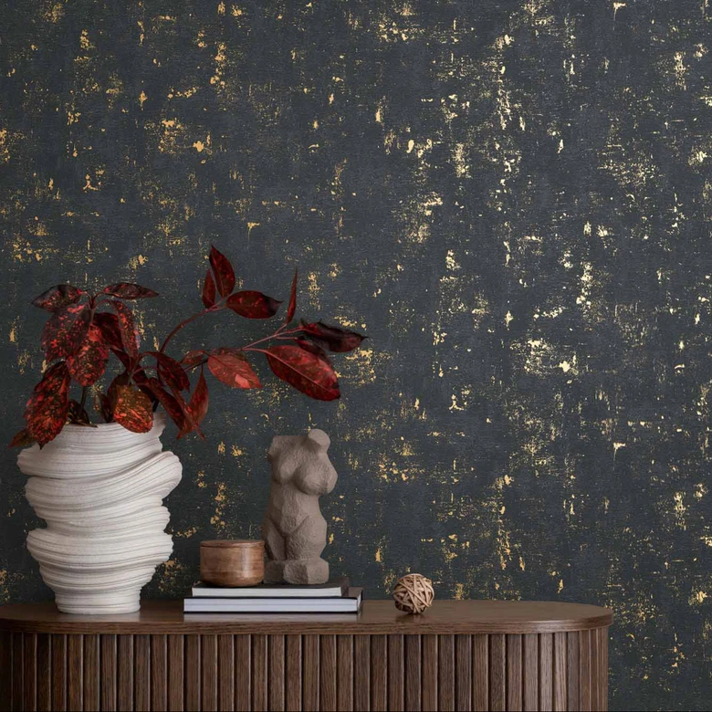 Tapete Schwarz Gold Metallic glänzend Vliestapete used look Vintage Wohnzimmer von A.S. Création 