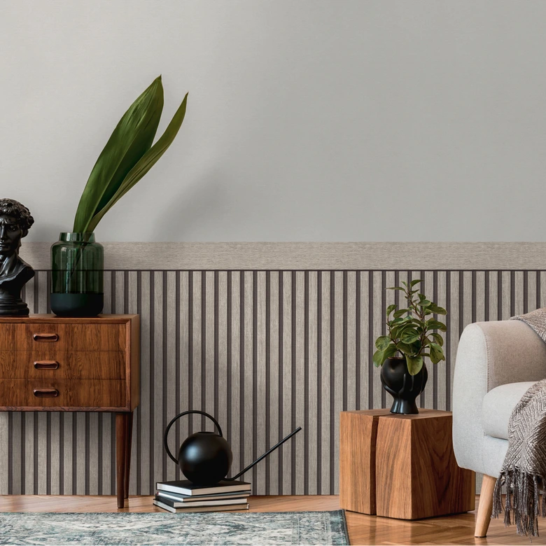 Vliesbehang akoestische look grijs zwart - Vliesbehang met 3D houtstructuur 