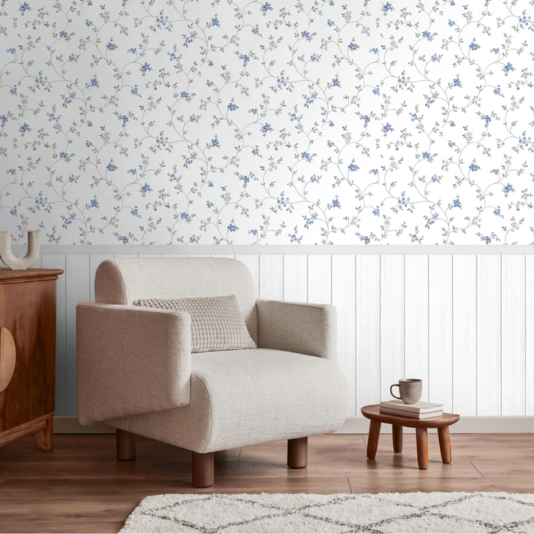 Bloemen Fotobehang met houten paneel blauw wit - Romantisch & uitbreidbaar 