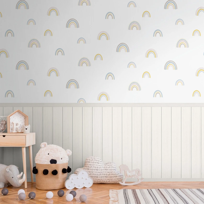 Wall Mural rainbow pastel with wooden panel beige - non-woven wallpaper nursery expandable 