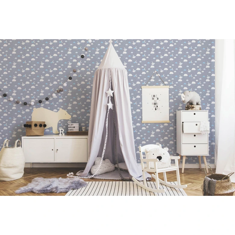 Magical night sky: nursery wallpaper with clouds and stars in blue and grey 