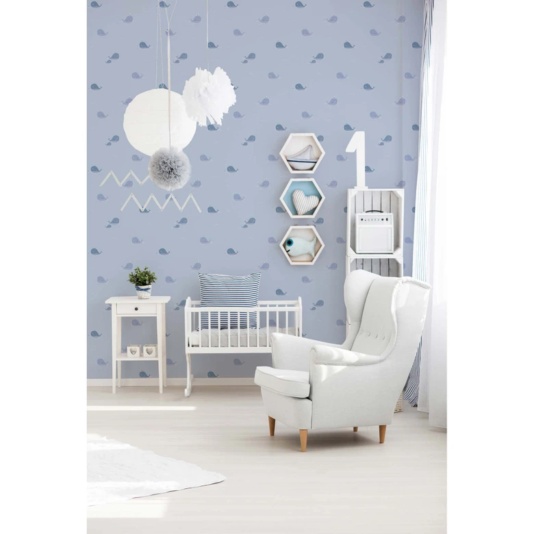 A.S. Création Kinderzimmertapete Little Love Vliestapete mit niedlichen Walen blau, grau, weiß 