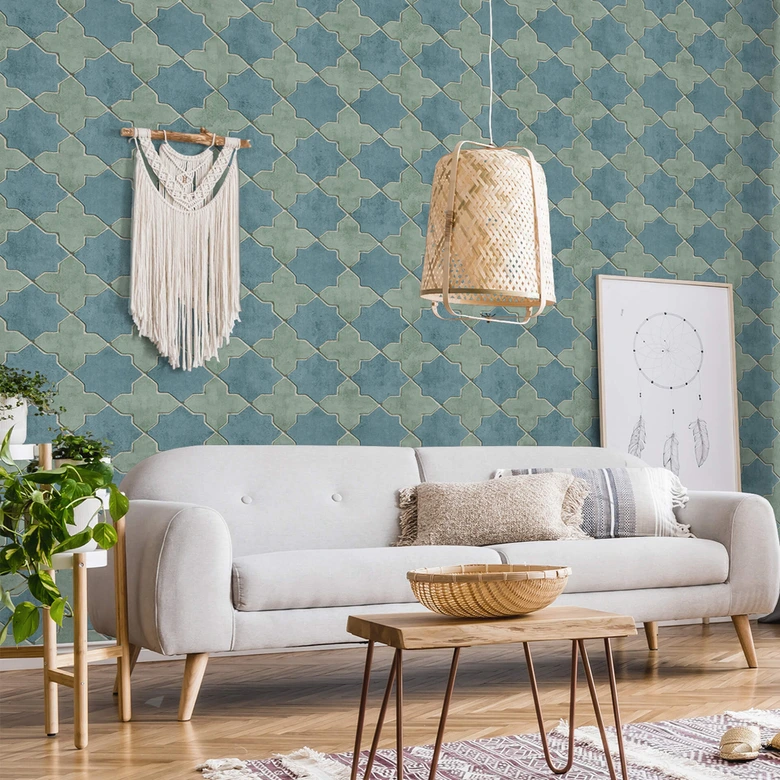 Livingwalls Papier peint intissé New Walls Finca Home motif carrelage bleu, vert, gris 