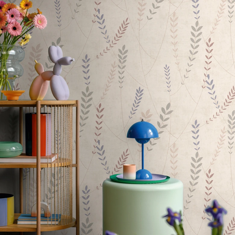 Papel pintado no tejido aspecto hormigón - estructura de lino en tono natural y greige 