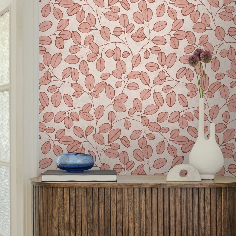 Tapete aus Vlies grafisch - dezentes Blätterdesign in Terrakotta & Greige 
