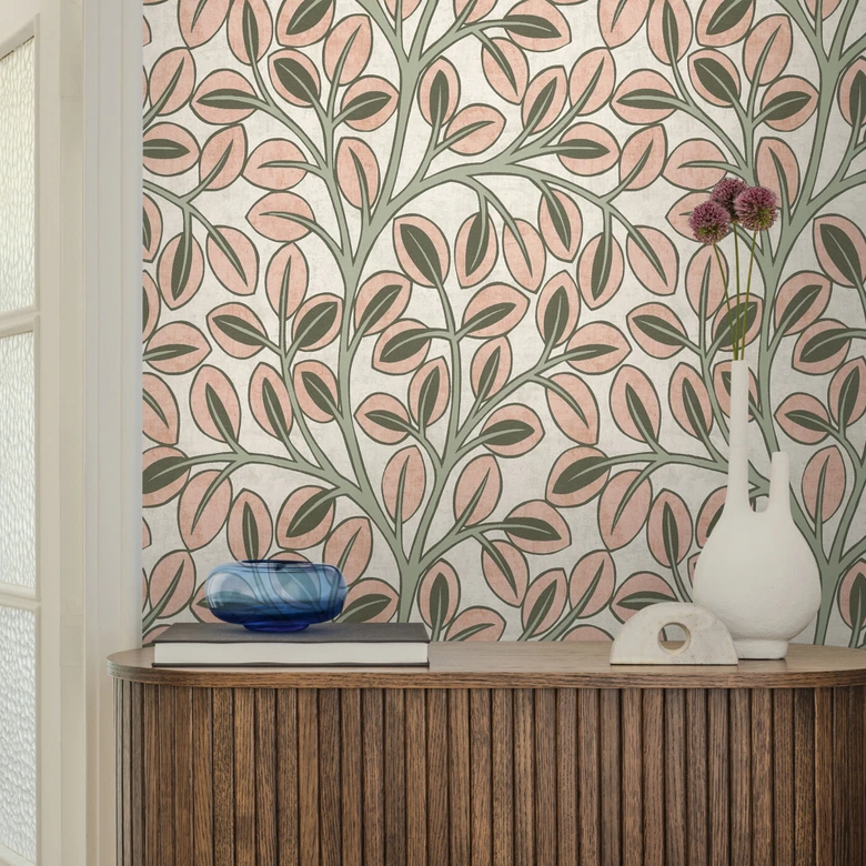 Elegante papel pintado no tejido - sutil diseño de hojas en tono crudo y natural 