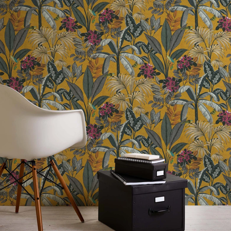 A.S. Creation papier peint forêt en jaune et gris papier peint intissé avec animaux aspect mat 