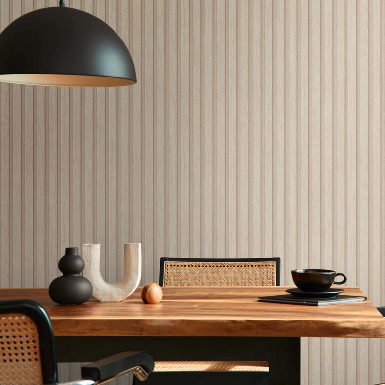 Lamellenlook Behang, Houten Panelen Look Vliesbehang van A.S. Création Lichtbeige  