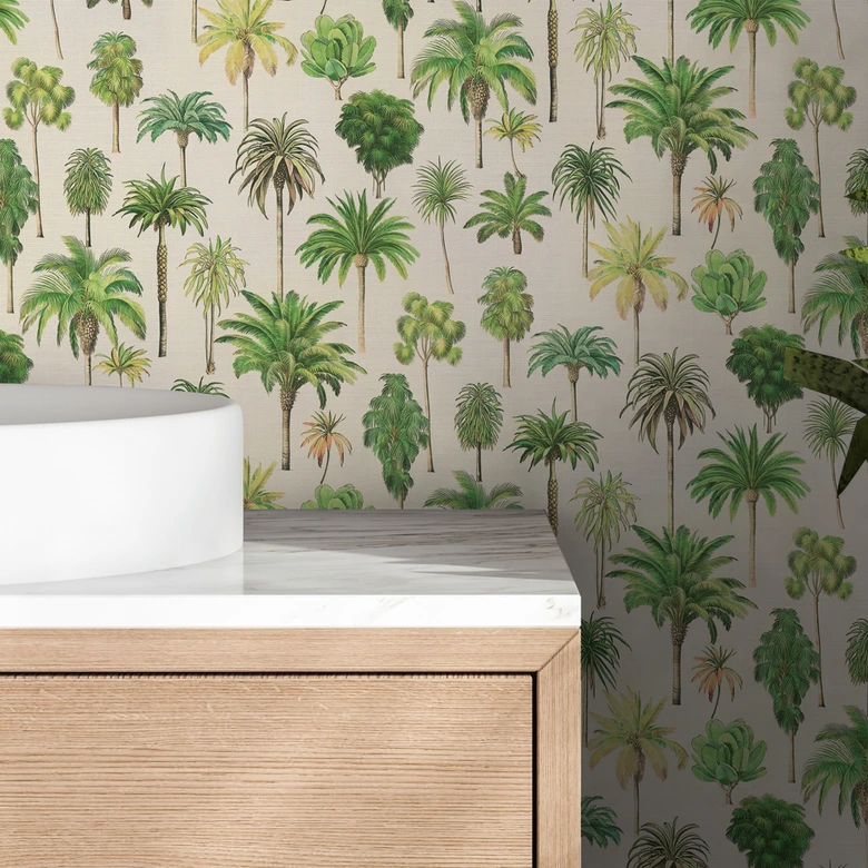 Papier peint palmier Beige Vert - Papier peint intissé illustré de plantes tropicales 