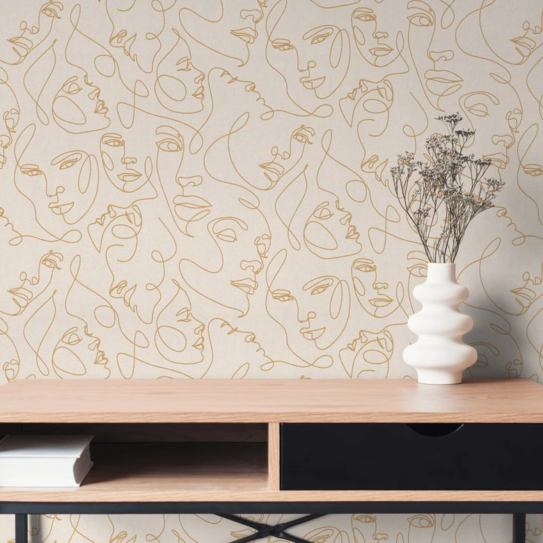 Ansikts tapet linjekonst grädde guld - Icke-vävd tapet modern abstrakt elegant 