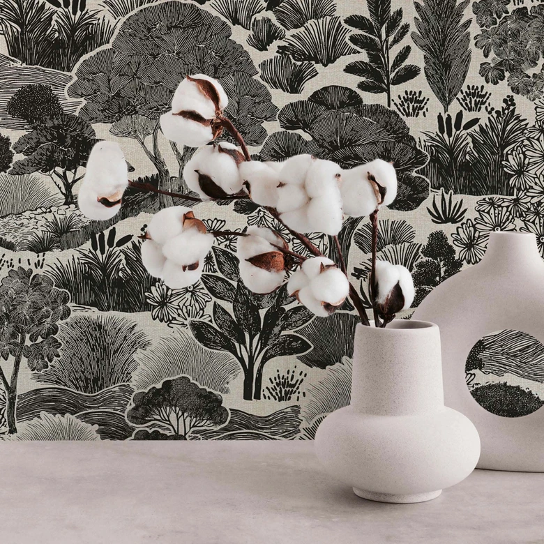 Landschafts-Tapete Schwarz Weiß Grau - Vliestapete Holzschnitt Naturmotiv 