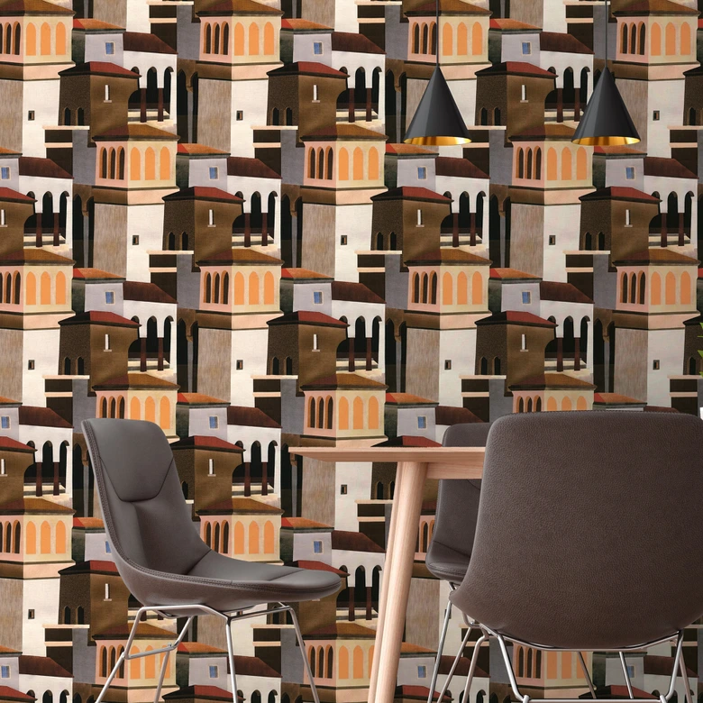 Papier peint intissé motif architectural multicolore dans les tons marron, ocre et terracotta 