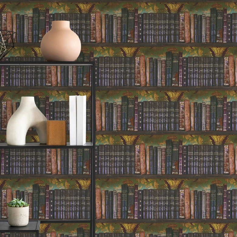 Papier peint intissé Bibliothèque vintage avec livres anciens et fond ornemental 