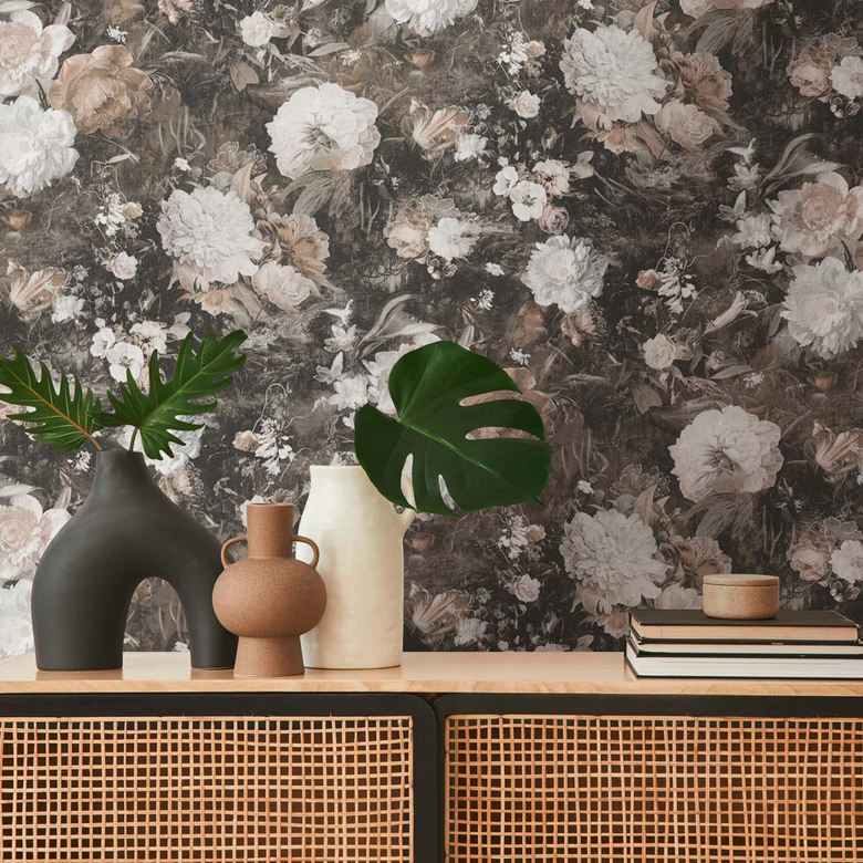 Blumentapete Braun Weiß Vintage Tapete floral Vliestapete Blumen für Wohnzimmer 