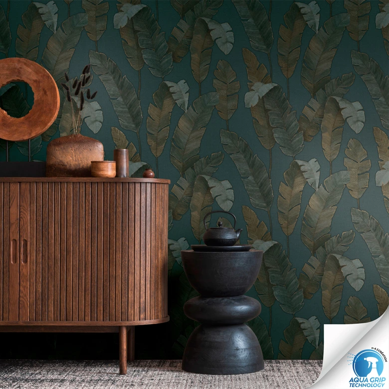 Papel pintado Jungla verde oscuro bronce - Papel pintado no tejido estructura palmera - empapelado sin cola 