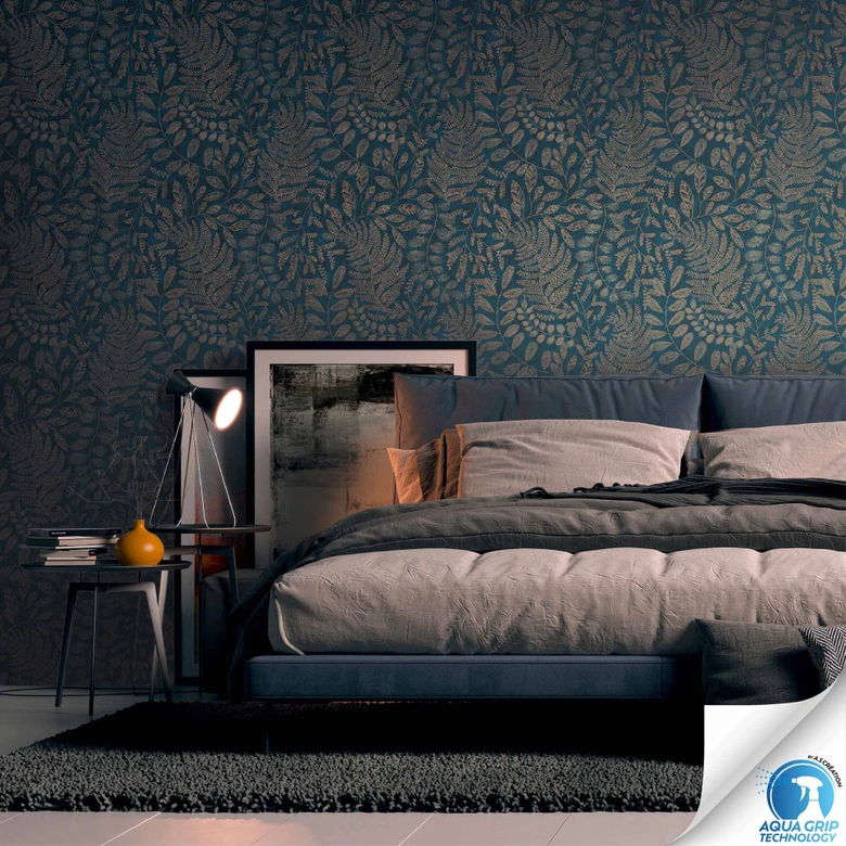 Blad tapet mörkblå brons - Icke-vävd botanisk tapet - tapetsering utan pasta 