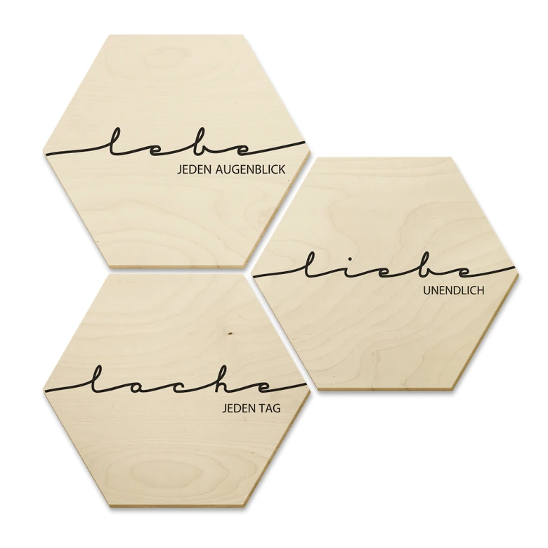 Hexagon - Holz Birke-Furnier - Lebe, Lache, Liebe (3er Set) 