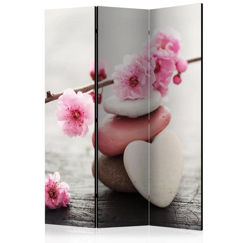 Paravent, Raumteiler freistehend, Trennwand - Blumige Zen-Köstlichkeit, 3-teilig - 135x172 cm 