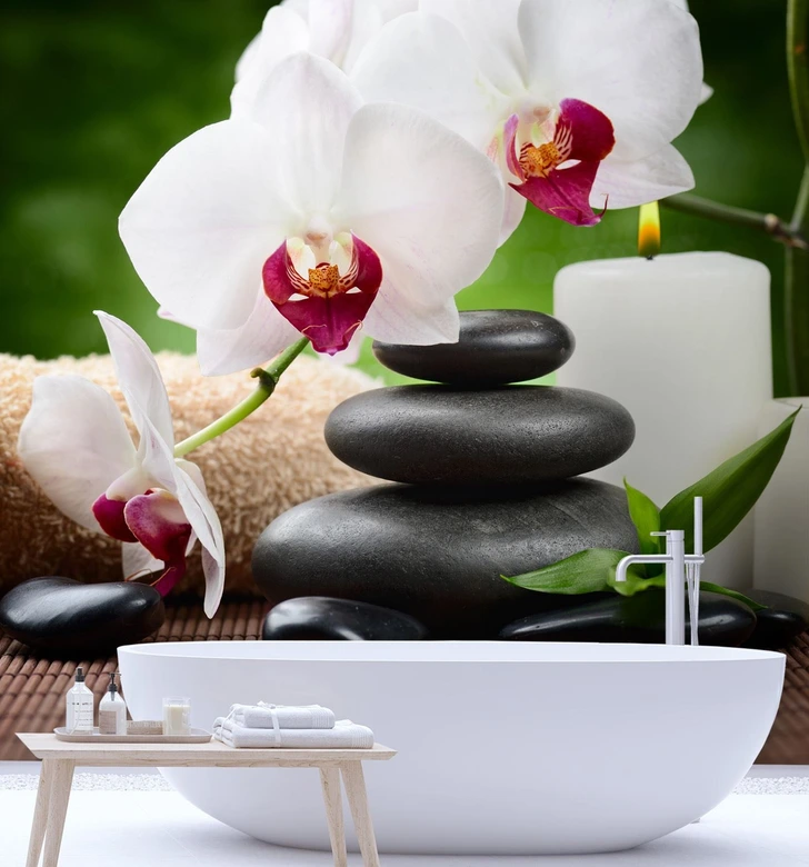 Fototapete, Orchidee Kerze und Zen-Steine im SPA 