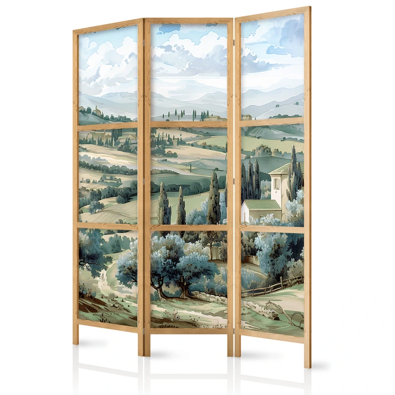 Japanischer Paravent, Raumteiler freistehend, Trennwand - Tuscan Landscape: Green Fields 