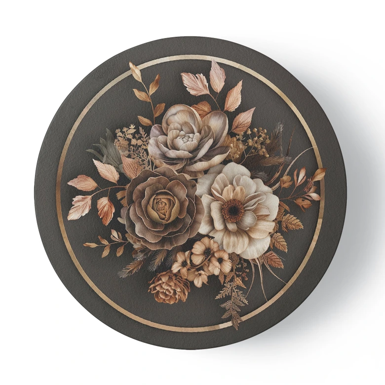 Rundes Leinwandbild Beige Blumen und Blätter 