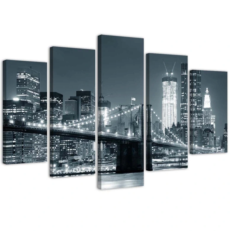Leinwandbild 5 teilig, New York Bridge Schwarz und Weiß 