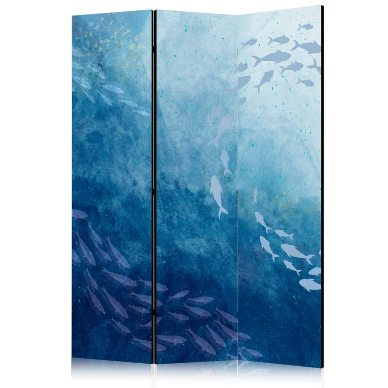 Paravent, Raumteiler freistehend, Trennwand - Luminous Clusters of Fish in Blue Hues Amidst the Sea Depths 
