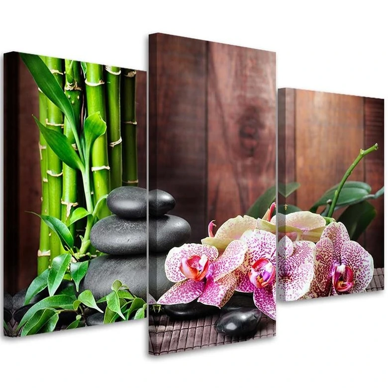 Leinwandbild 3-teilig, Orchideen Bambus Steine Zen 