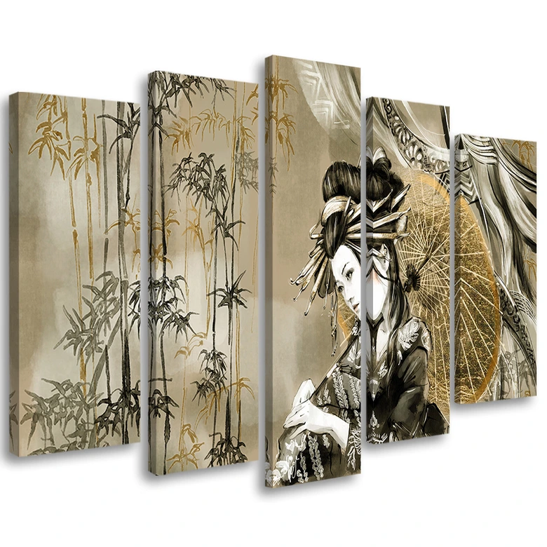 Leinwandbild 5 teilig, Geisha und Bambus 