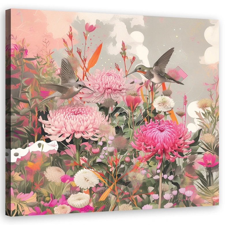 Leinwandbild Kolibris mit Blumen auf dem Feld 