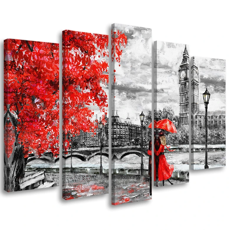 Leinwandbild 5 teilig, Londoner roter Regenschirm 