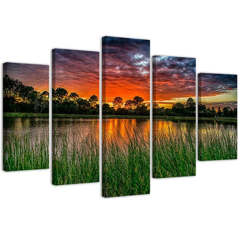 Leinwandbild 5 teilig, Sonnenuntergang See 