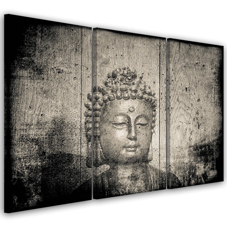 3 stykke lærredstryk, Buddha Zen Feng Shui grå 