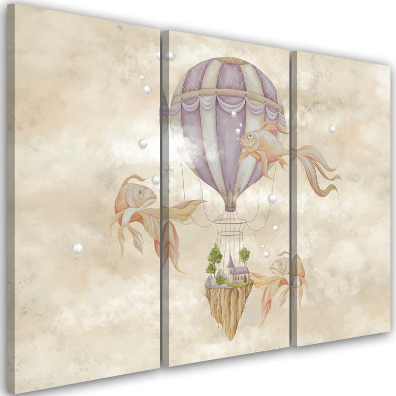 Leinwandbild 3 teilig, Heißluftballon fliegendes Haus und Fisch 