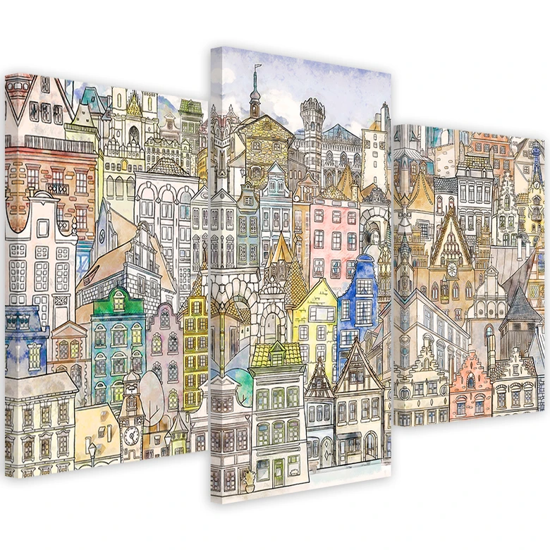Leinwandbild 3 teilig, Fröhliche Stadt 