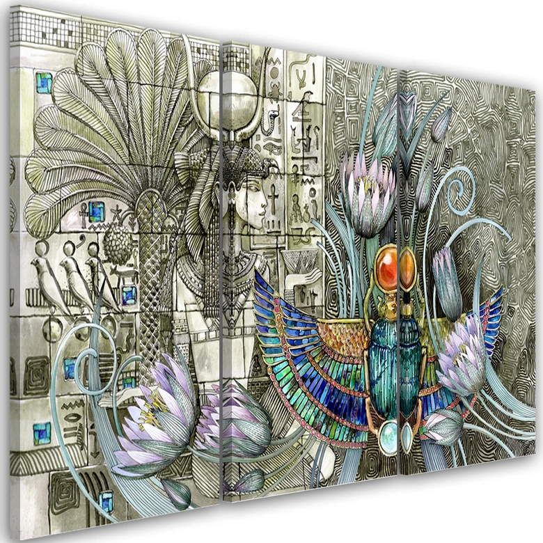 Leinwandbild 3 teilig, Ägyptische Hieroglyphen und Skarabäen 