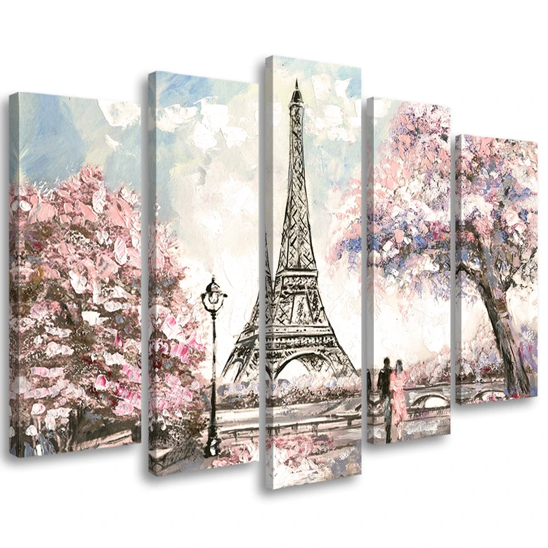 Leinwandbild 5 teilig, Eiffelturm Pastellfarben Rosa 