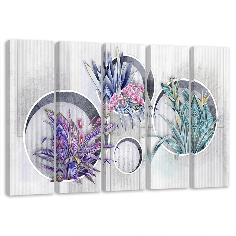 Leinwandbild 5 teilig, Quadratkisten Regale mit Blumen 