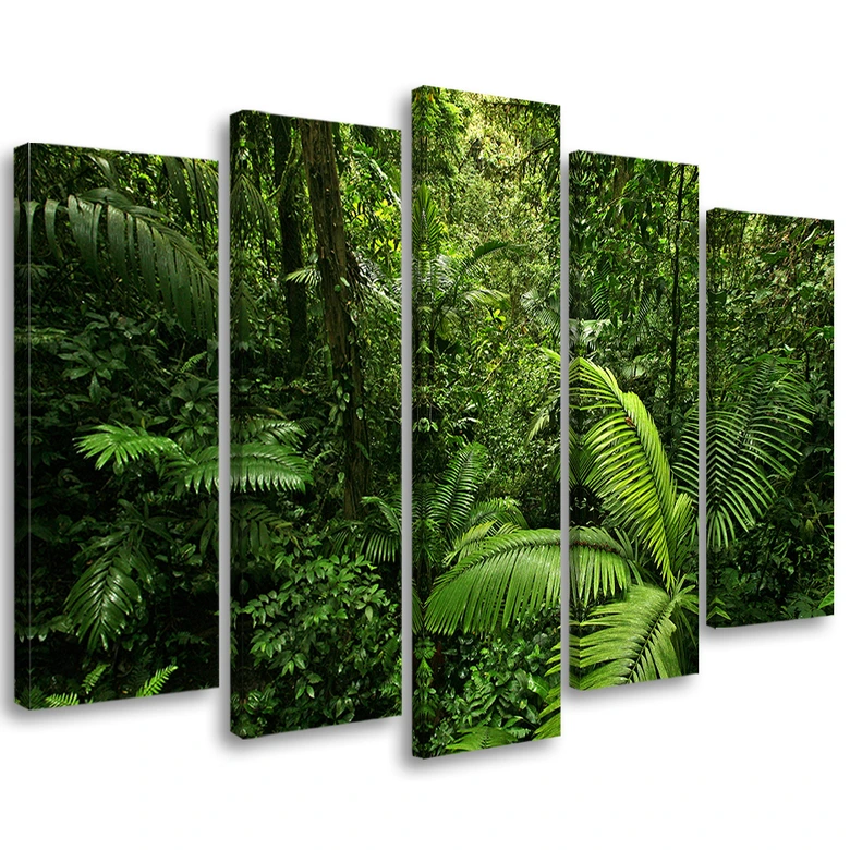 Leinwandbild 5 teilig, Grüne Waldblätter 