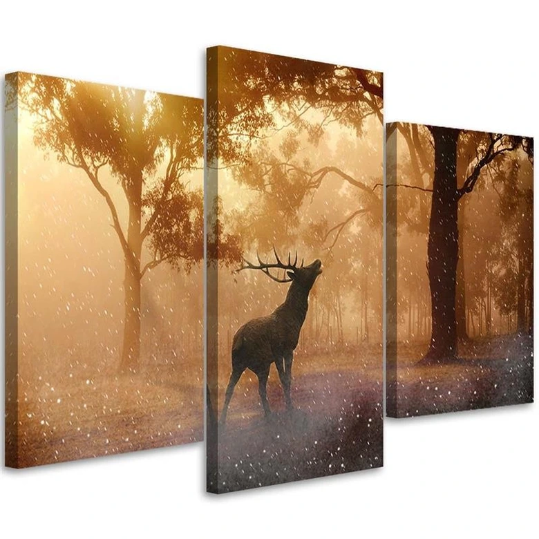 Leinwandbild 3-teilig, Hirsch Wald Sonnenaufgang Natur 