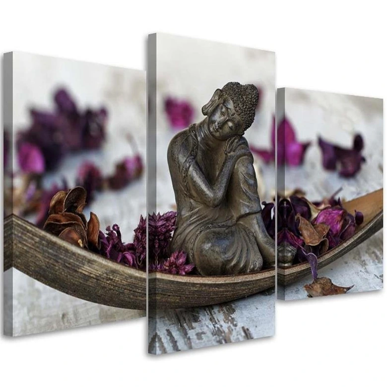 Leinwandbild 3-teilig, Buddha Zen Blumen Violett 