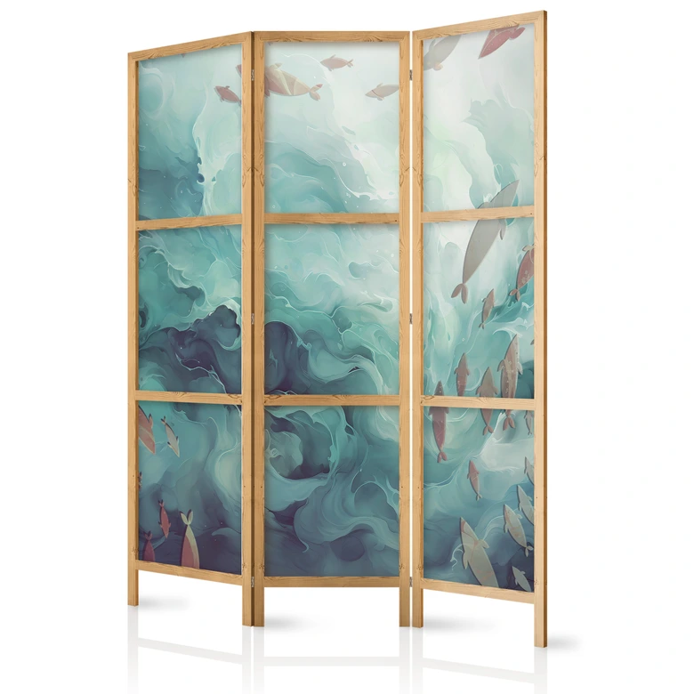 Japanischer Paravent, Raumteiler freistehend, Trennwand - Escaping Fish in Muted Colors Among Ocean Depths 