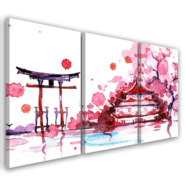 Leinwandbild 3-teilig, Japan Rosa Landschaft 