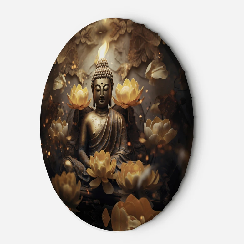 Rundes Leinwandbild AI Gold Buddha und Lotosblumen 