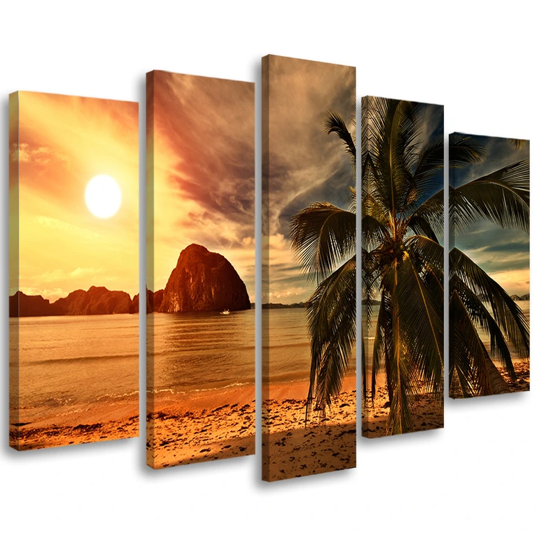 Leinwandbild 5 teilig, Palmen Sonnenuntergang Orange 
