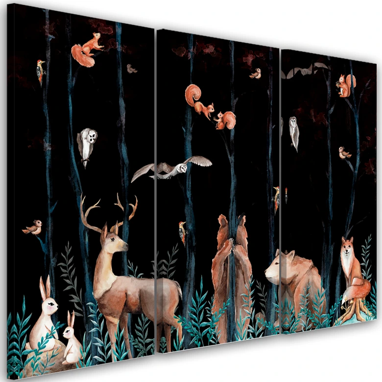 Leinwandbild 3 teilig, Waldtiere Hirschbär Fuchs 