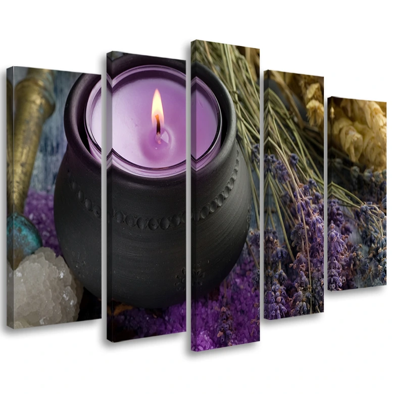 Leinwandbild 5 teilig, Lila Spa Zen Kerze 